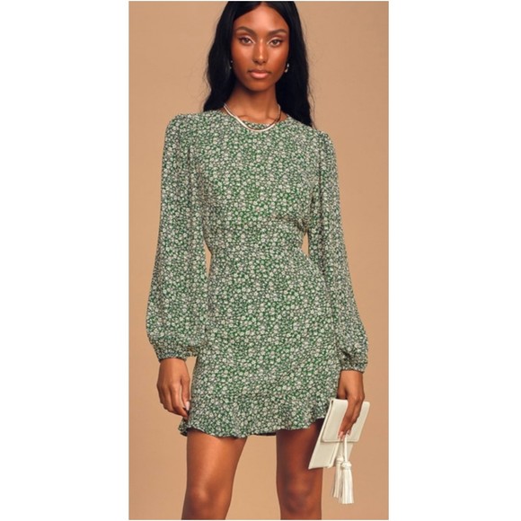 LULUS Green Floral Print Ruffled Long Sleeve Open Back Mini Dress - Picture 1 of 7